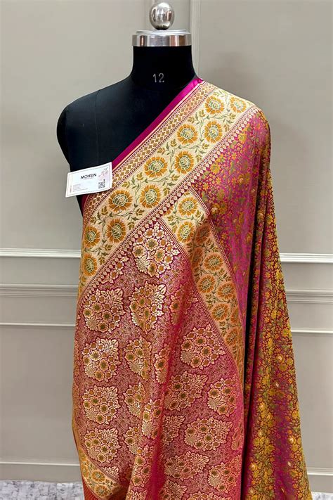 Magenta and Pink Jungli Jaal Katan Silk Banarasi Saree – Mohsin Textiles