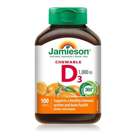 Jamieson Chewable Vitamin D3 1,000 IU - Natural Tangy Orange, 100 Count ...