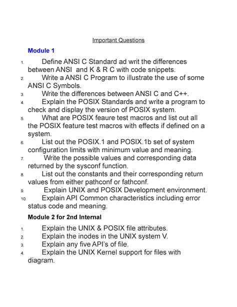 USP questions - Important Questions Module 1 Define ANSI C Standard ad ...
