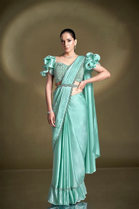 Sea Green Crepe Satin Silk Sequins Ready to Wear Saree