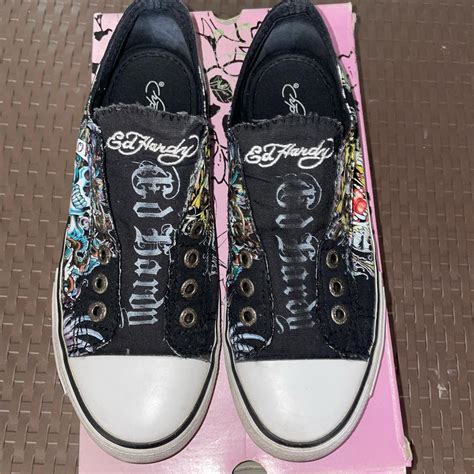 ED HARDY BLACK LOW TOP CONVERSE WITH ALL OVER PRINT... - Depop
