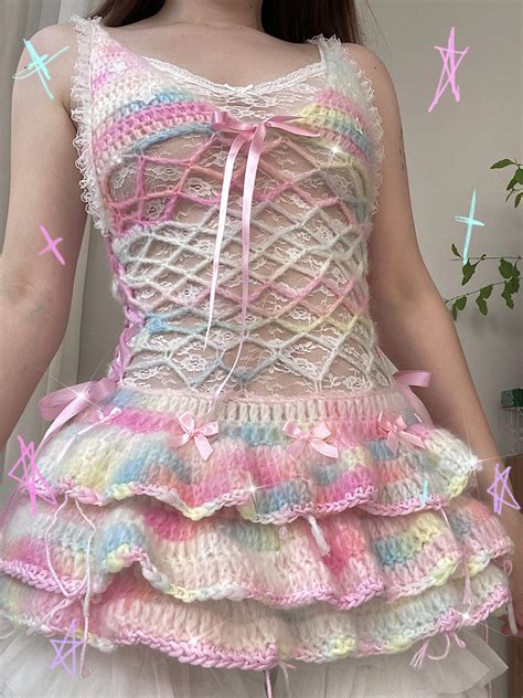[Customized Hande Sewed] Rainbow Hearts Pastel Knitting Mini Dress ...