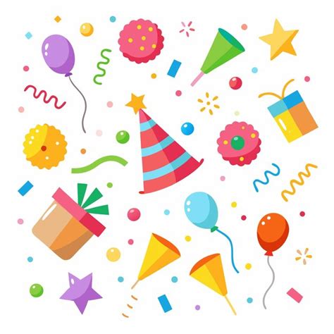 Colorful party icons including balloons hats confetti and gifts on ...