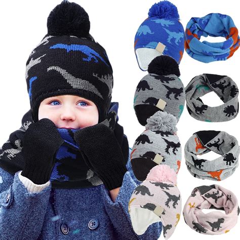Baby Boys Girls Knit Hats Dinosaur Print Winter Fleece Skiing Winter ...