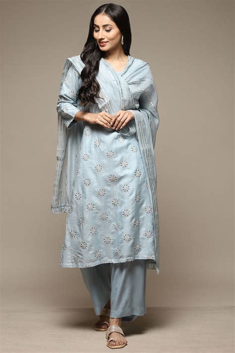 Powder Blue Cotton Blend Straight Kurta Palazzo Suit Set