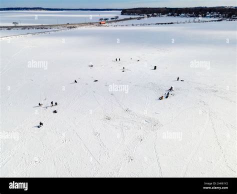 Winter, aerial photograph of people icefishing on Monona Bay, Lake ...