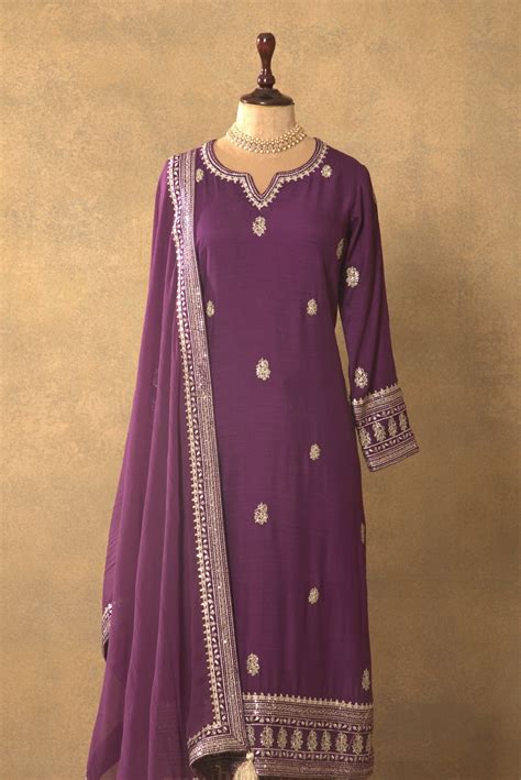 Aubergine Embroidered Pure Muga-Silk Kurta-Pants Set