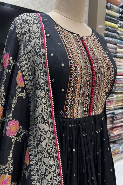 Black Banaras, Sequins, Mirror, Zardozi, Beads and Thread work Floor L ...