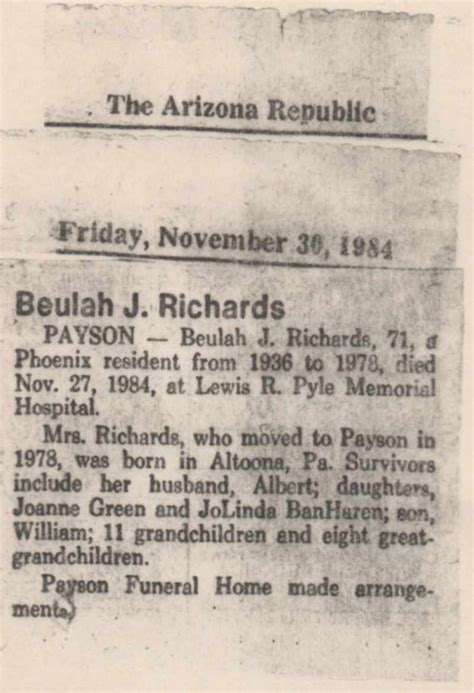 The Arizona Republic-Obituary for Beulah J. Richards | Memories on ...