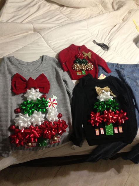 DIY ugly Christmas sweaters using gift bows and double stick tape ...
