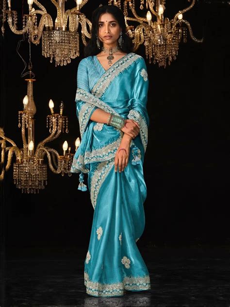 ⚡️Buy Charming Sky-Blue Embroidered Tissue Silk Wedding Wear Saree ...