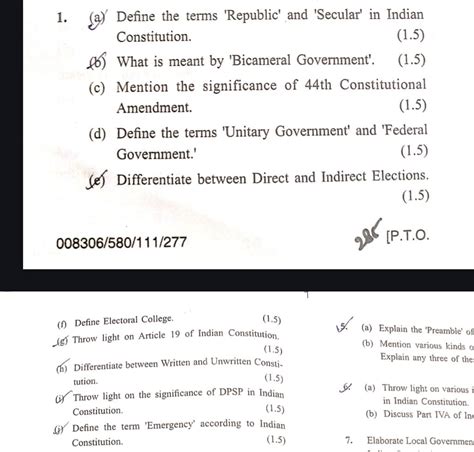 (a) Define the terms 'Republic' and 'Secular' in Indian Constitution. (b)..