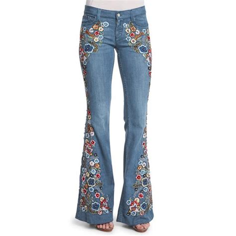 APEXFWDT Womens Chic Floral Embroidered High-Rise Bell Bottom Flare ...