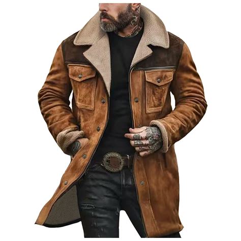 Mens Western Cowboy Jacket Distressed Suede Long Trench Coats Zip Up ...