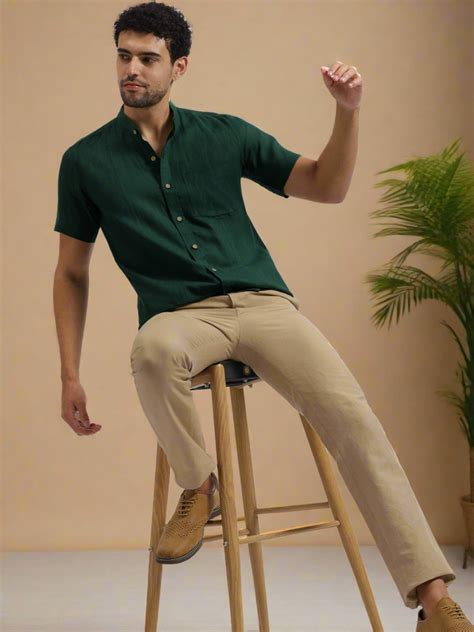 Dark Green Pure Linen Mandarin Collar Half Sleeve Shirt – Linen Trail