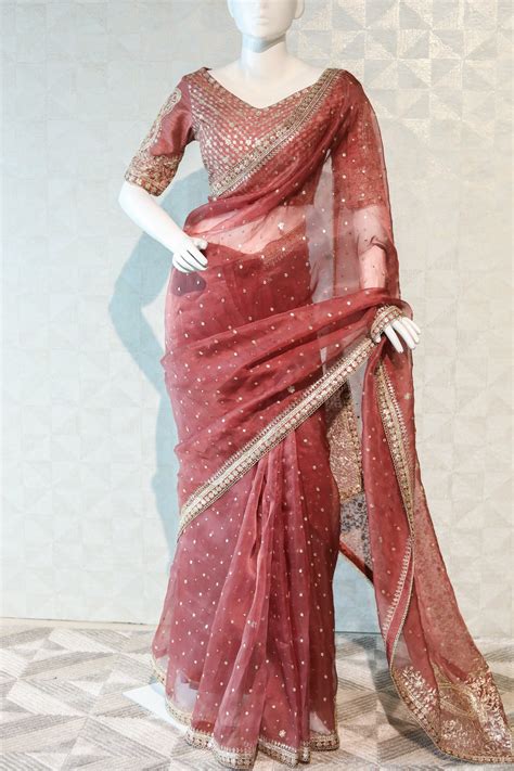 Brick Red Organza Saree | Mahek Designs