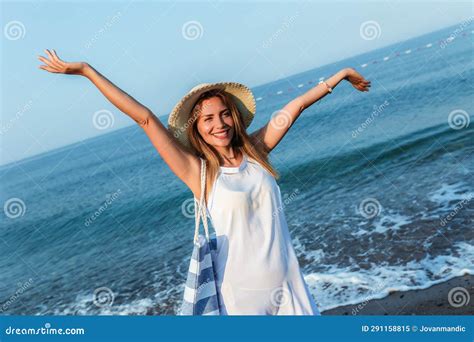Happy Beautiful Woman Walking Alone on the Beach Stock Image - Image of ...