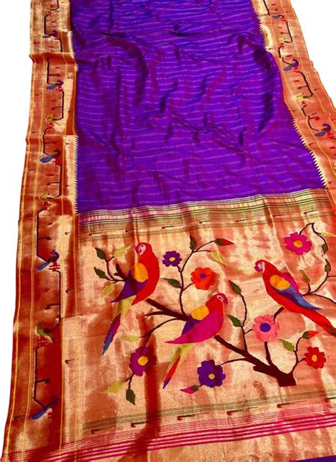 Exquisite Purple Paithani Handloom Silk Saree with Peacock & Parrot Design