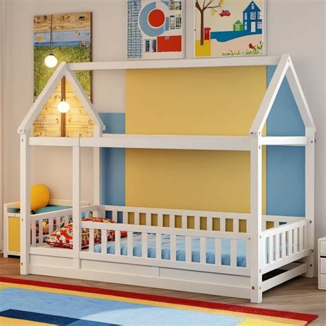 Twin Size Floor Bed with Roof & Fence Guardrails,Twin Size Floor Wooden ...