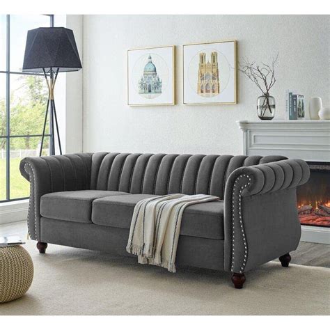 Wooden Designer Velvet Rolled Arm Chesterfield Sofa 3 Seater Couch Lou ...