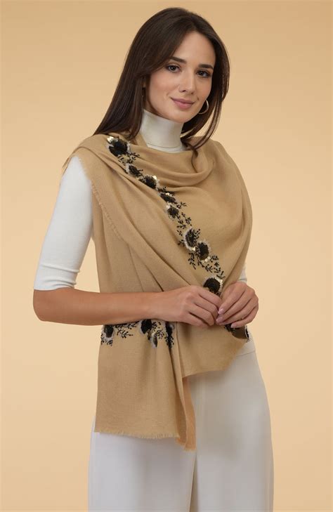 Camel Beige Floral Hand Embroidered Pure Cashmere Stole – Talking Threads