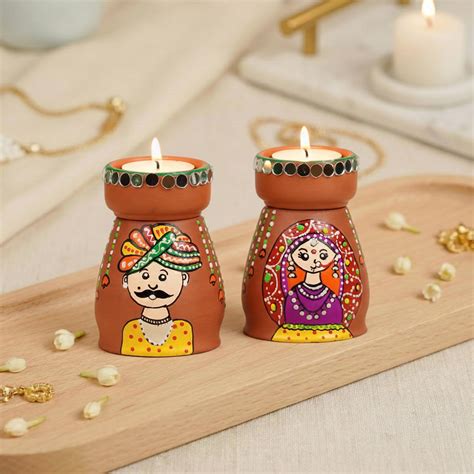 Buy Rajasthani Couple Handpainted Terracotta Tealight Holder Online On ...