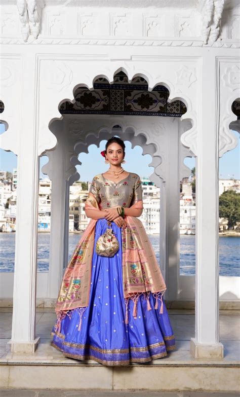Dazzling Blue And Grey Jacquard Silk Paithani Silk Lehenga – The ...