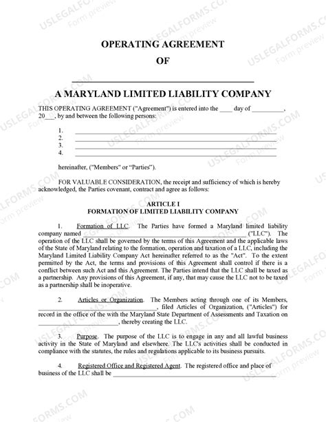 Maryland Limited Liability Company LLC Operating Agreement - Limited ...
