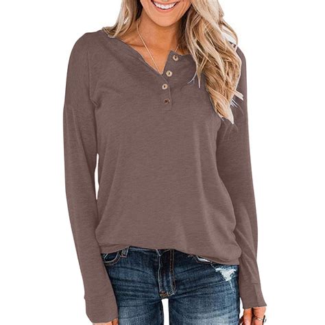 LSOLMD Womens Henley Tops Long Sleeve Cotton Shirts Thermal Pullover ...