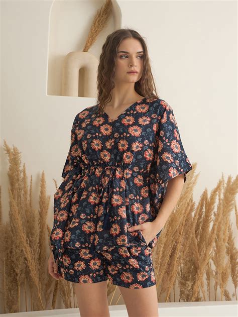 Buy Navy Blue V-Neck Floral Printed Kaftan For Women Online @ Best Price