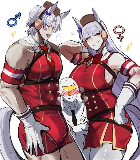 Два антропоморфных коня из Umamusume стоят уверенно в красных нарядах ...