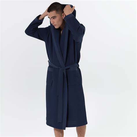 Men's Navy Hooded Turkish Cotton Waffle Robe | SEYANTE