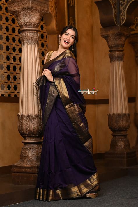 Parampara ~ Handloom Cotton Silk Saree with Golden Border in Violet ...