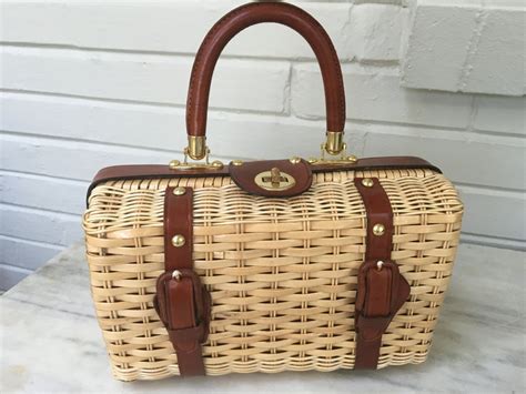 Vintage Wicker Handbag Purse Straw Color Brown Leather Trim | Etsy ...