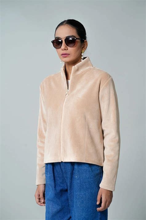 Buy Fort Collins Women's Beige Corduroy Jacket with Stand Collar Online ...