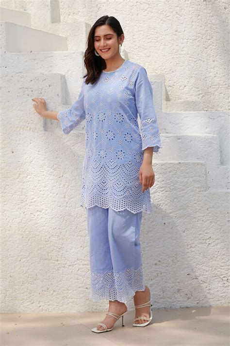 Sky Blue Cotton Schiffli Kurta & Palazzo Suit Set at Biba India