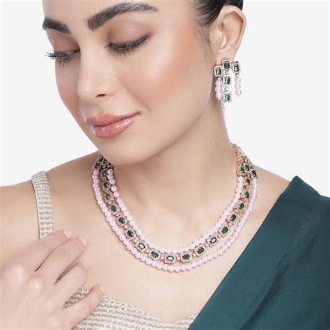 Estele Rose Gold Plated CZ Gorgeous 3-Layered Necklace Set with Green