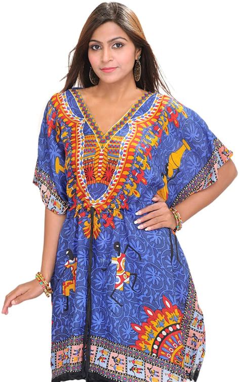 Blue Printed Short Kaftan with Dori at Waist