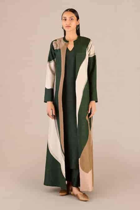 Buy Green Silk Embroidery Round Neck Amida Colour-blocked Jacket And ...