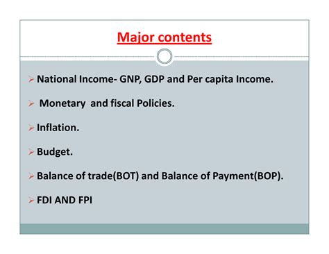 Macro Economic concepts - Major contents National Income- GNP, GDP and ...