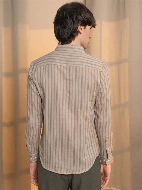₹854 | Campus Sutra men's Khaki Brown Halo-Striped Shirt - Campussutra