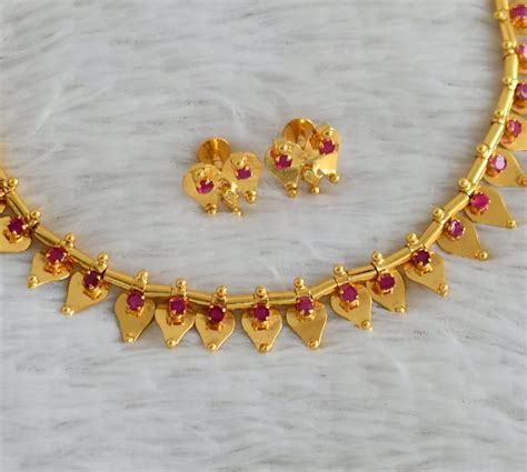 Gold tone kerala style pink thali kootam necklace set dj-48264 – dreamjwell
