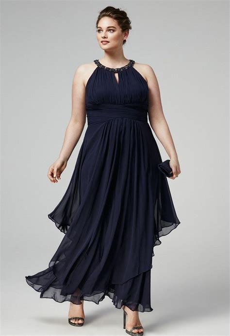 Plus Size Stunning Navy Blue Beaded Prom Dresses Halter Neckline ...