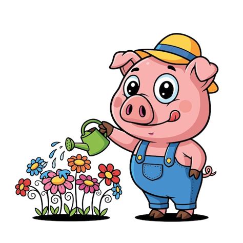 Pig watering flowers in the garden cute cartoon scene | Premium Vector