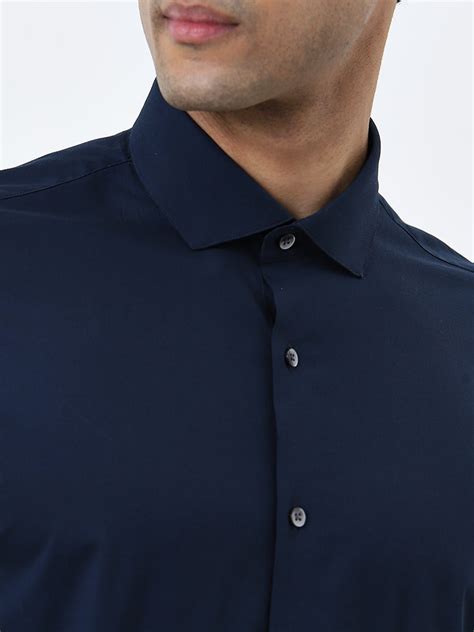 Buy WES Formals Navy Solid Ultra Slim-Fit Cotton Blend Shirt from Westside