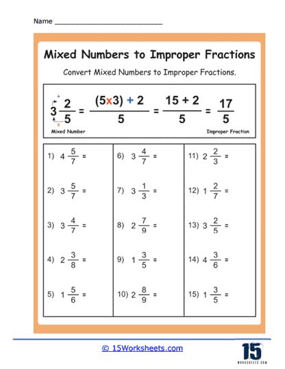 Image result for Mixed Number into Improper Fraction Worksheet