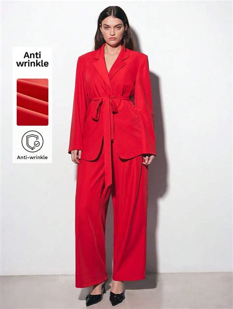 Maija Plus Size Women Red Solid Color Notched Collar Long Sleeve Blazer ...