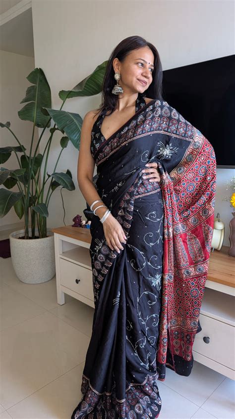 Handwork Embroidery Sarees | Designer Sarees | Modal Silk | Ajrakh ...