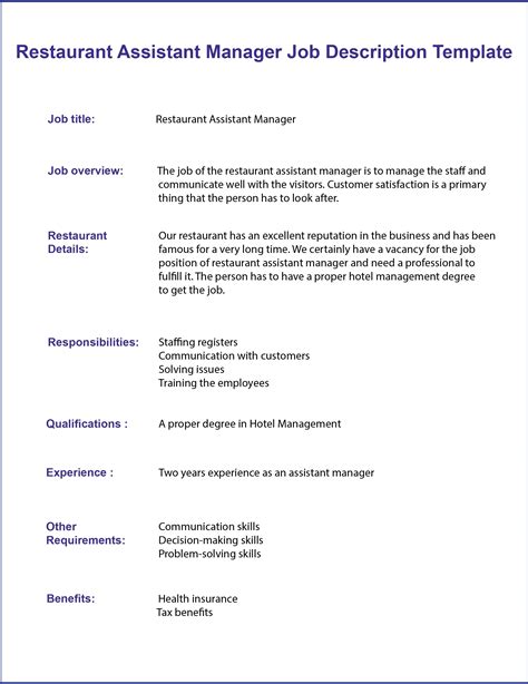 Restaurant Assistant Manager Job Description Template