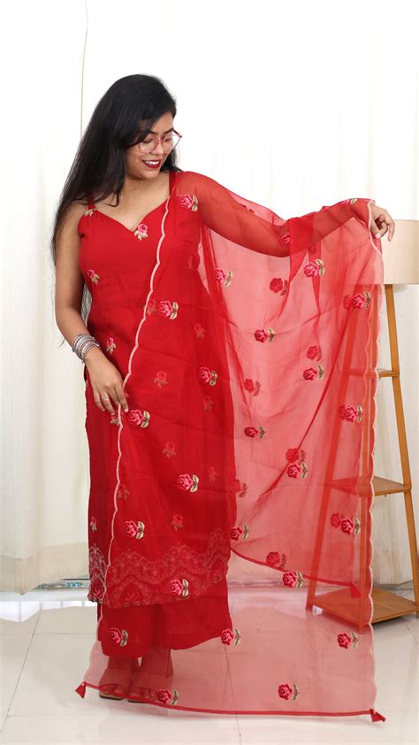 Red Rose Muslin Suit Set with Organza Dupatta